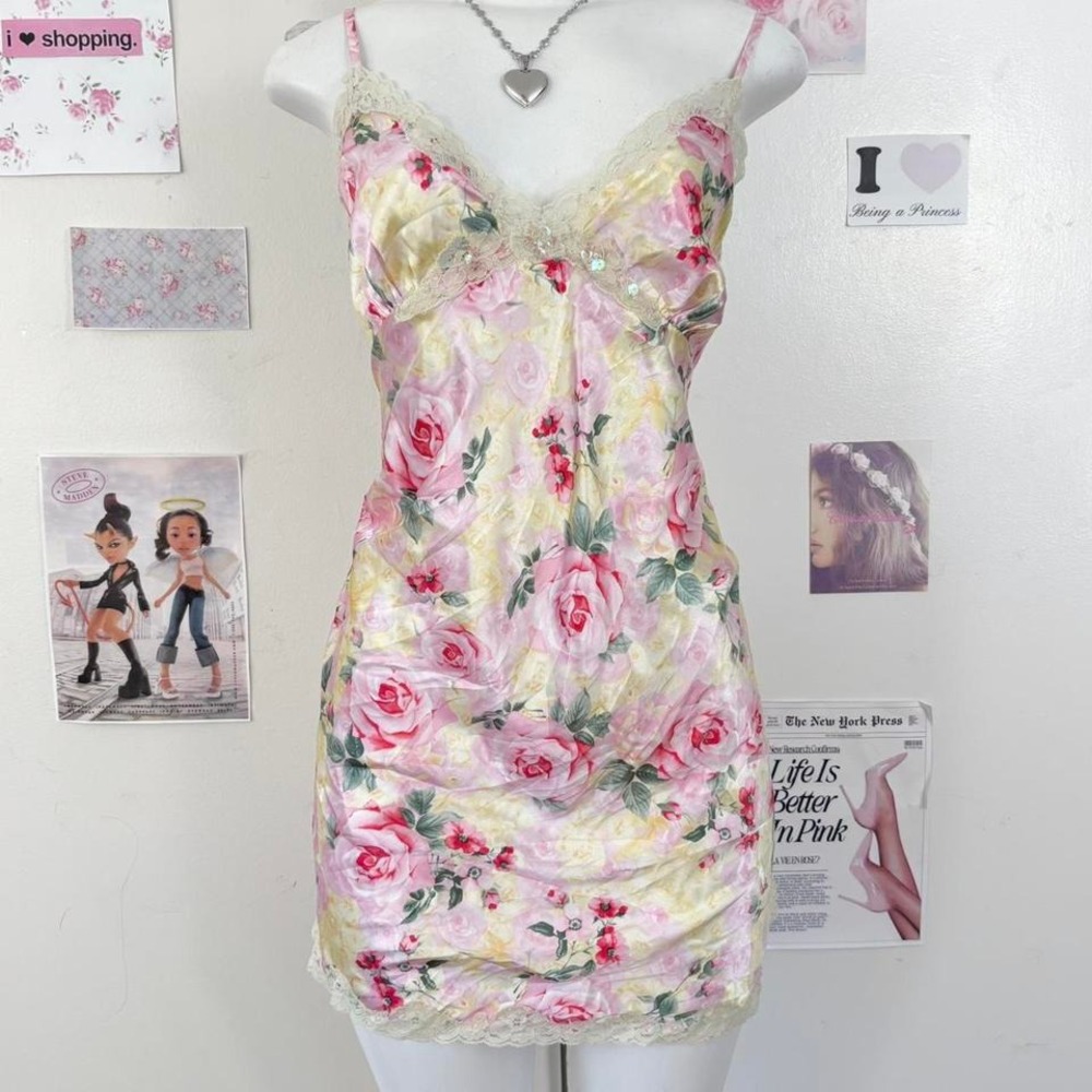 Y2K babydoll Floral Satin Lace Trim Slip Dress Size G (12/14) — Coquette